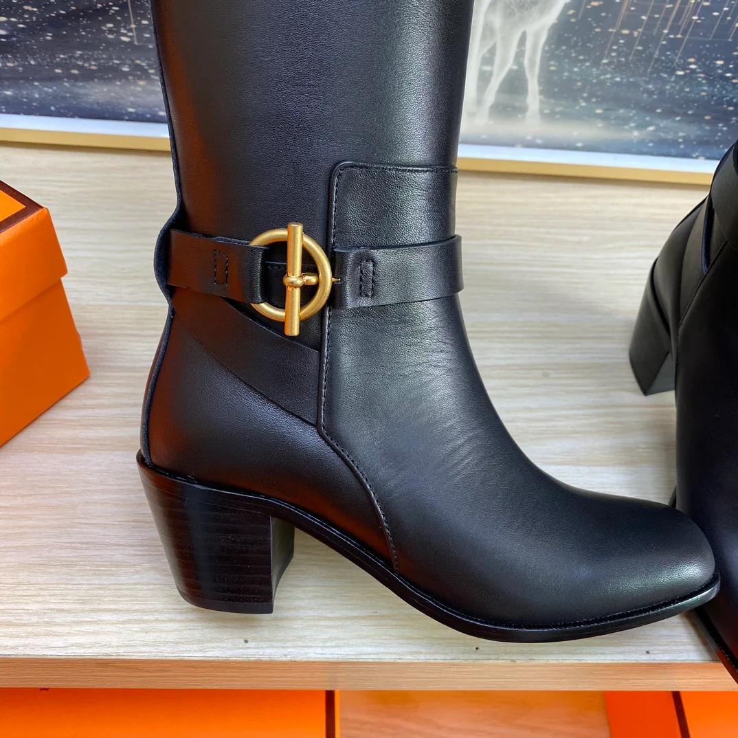 Сапоги на высоком каблуке Hermes 2024 — черные