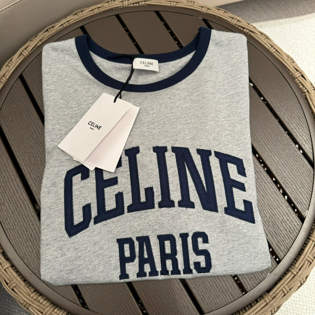 Celine-2404-24 Летняя новая футболка с вышитым логотипом и аппликацией