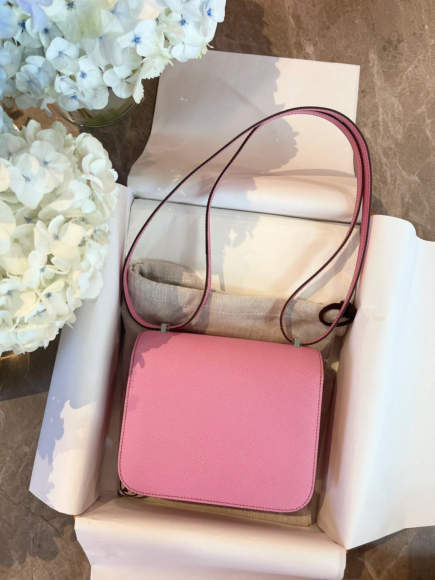 Hermes Constance 19-5p Вишневый розовый серебряный пряжка