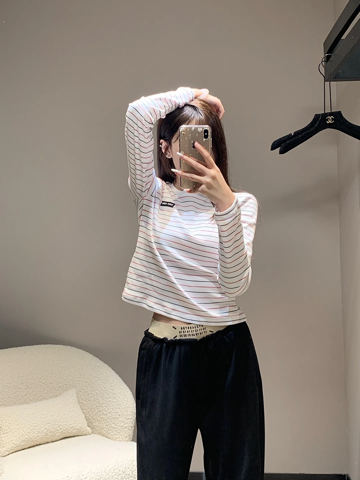 Miu Miu-2404 - Футболка с длинными рукавами в полоску с цветовым блоком