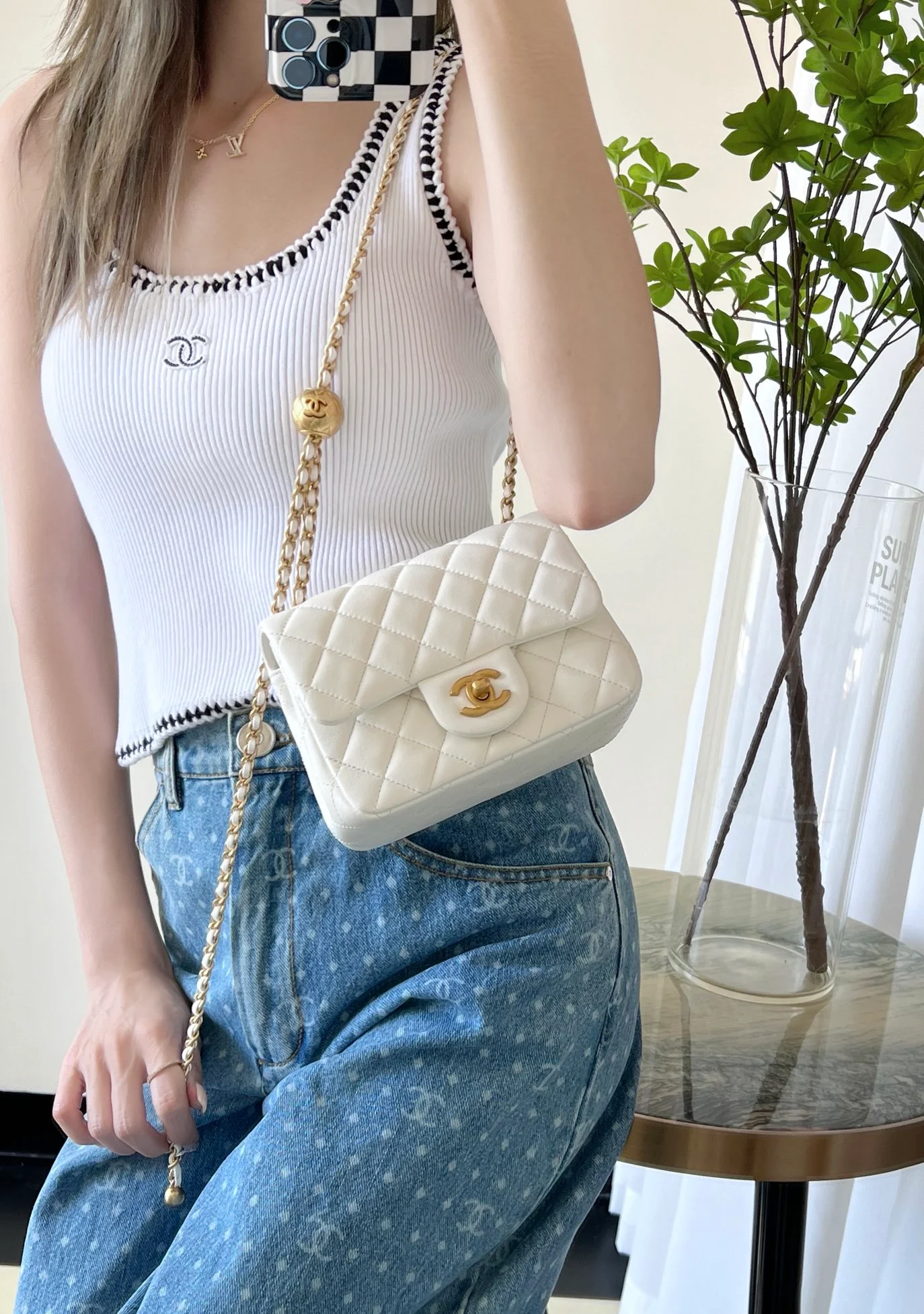 Chanel CF Gold Ball Square Fat Man - White