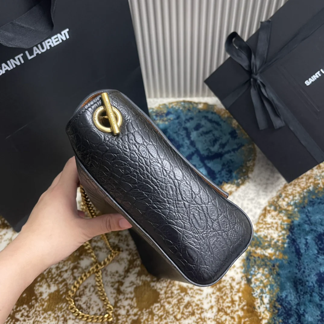 YSL-Kate Double Bread - Кожа с тиснением под крокодила - Черный - 28 см