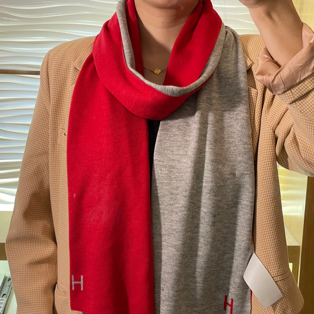 Вязаный кашемировый двусторонний шарф Hermes - 32 см - 180 см - красновато-серый