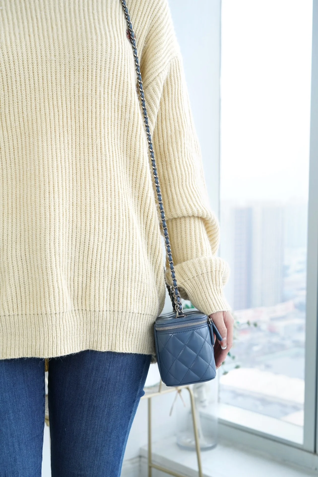 Chanel - Маленькая сумка Double C - Длинная сумка-коробочка с ручками - Пыльно-голубой