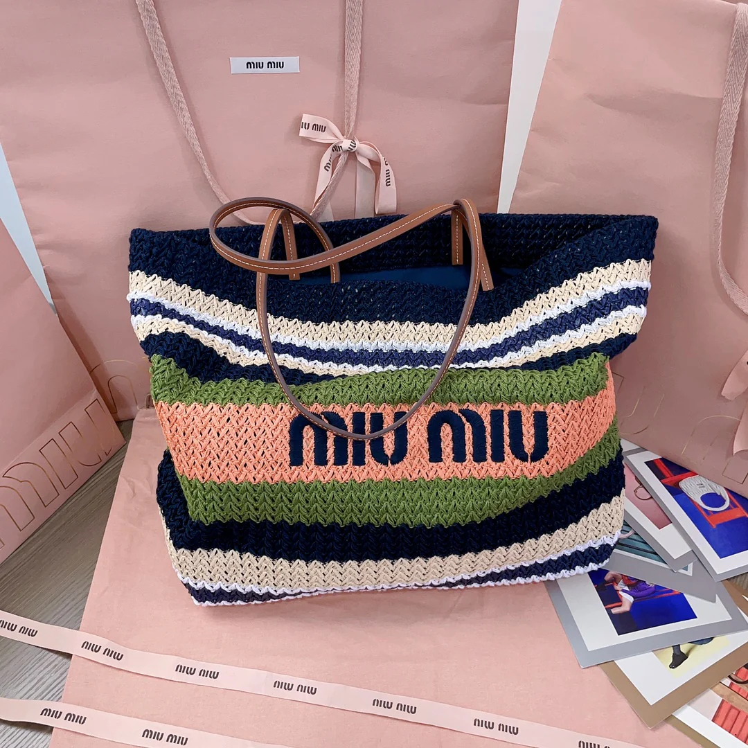 Miu Miu-5bg228 - Сумка-тоут из хлопчатобумажной пряжи, сотканная из соломы-1