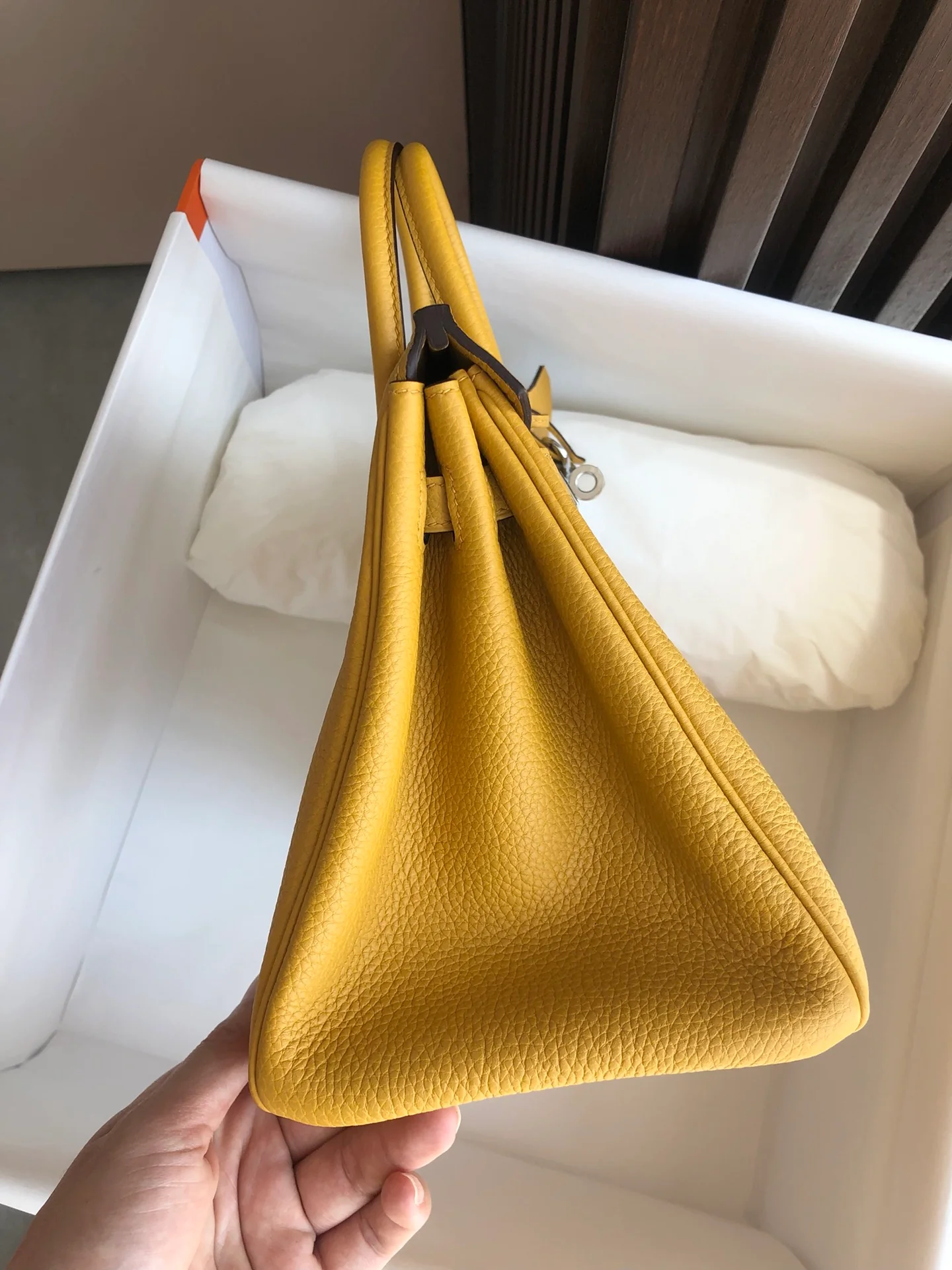 Hermes Kelly 25 Togo 9D Янтарно-желтая серебряная пряжка