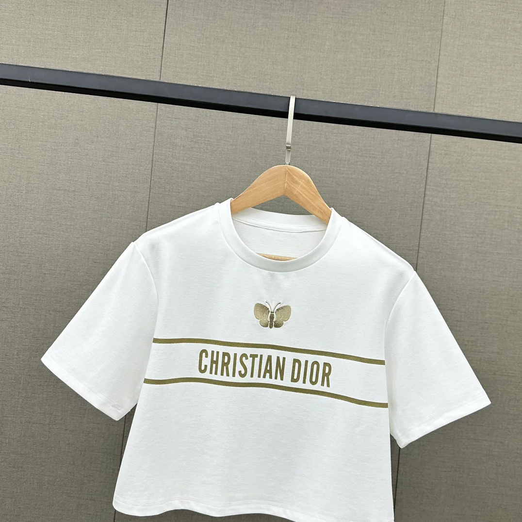 Dior 2403 Короткий свободный топ с принтом бабочек - белый