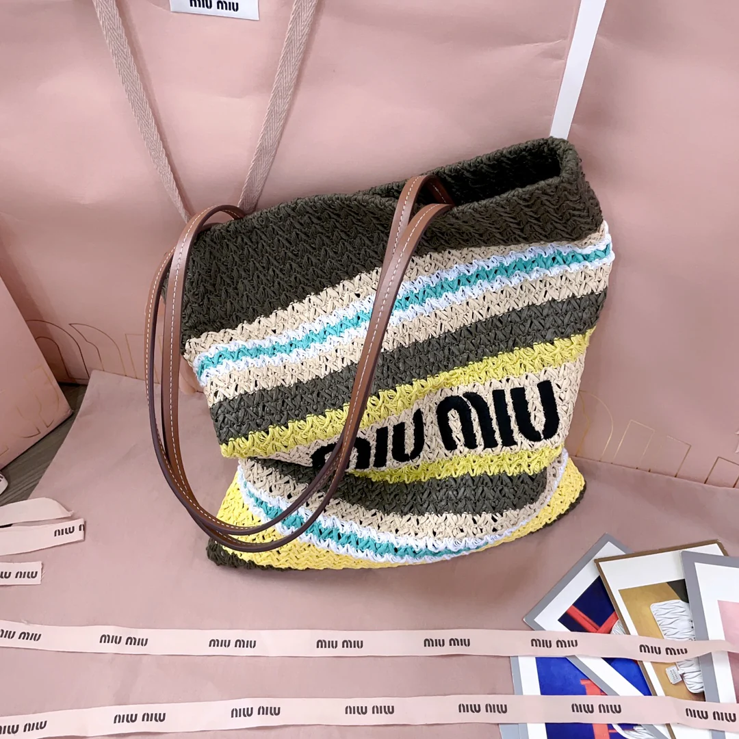 Miu Miu-5bg248 - Вязаная сумка-шоппер из рафии и хлопковой пряжи, маленькая