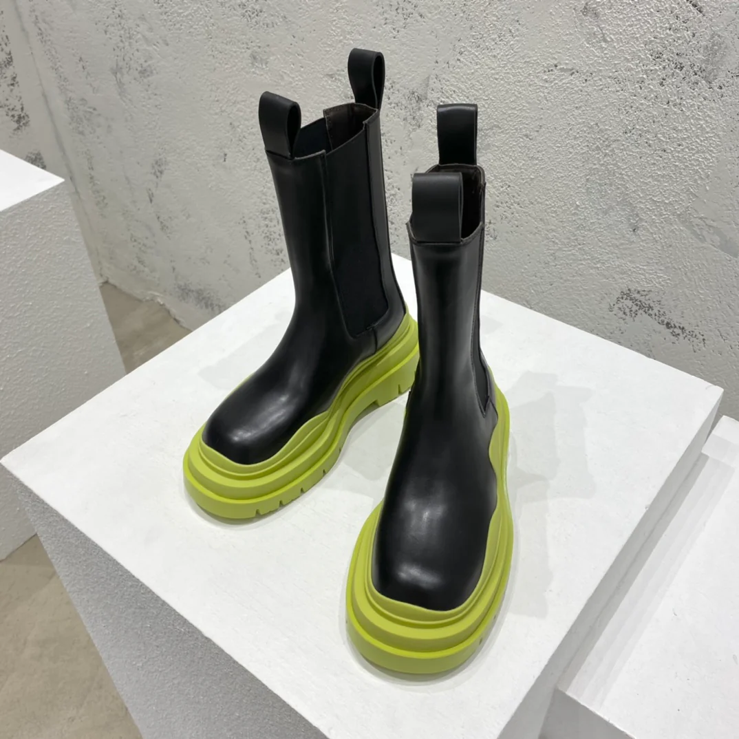 BV-22ss - Британские ретро-сапоги до середины икры - Унисекс - Черные с зеленой подошвой