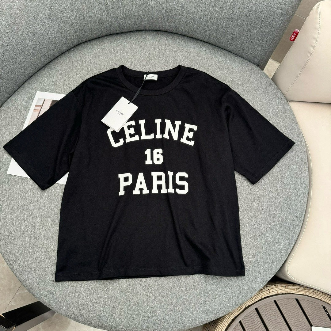 Celine - 2403 - Весна/Лето 2024 Новая футболка с бархатным принтом и логотипом - Унисекс