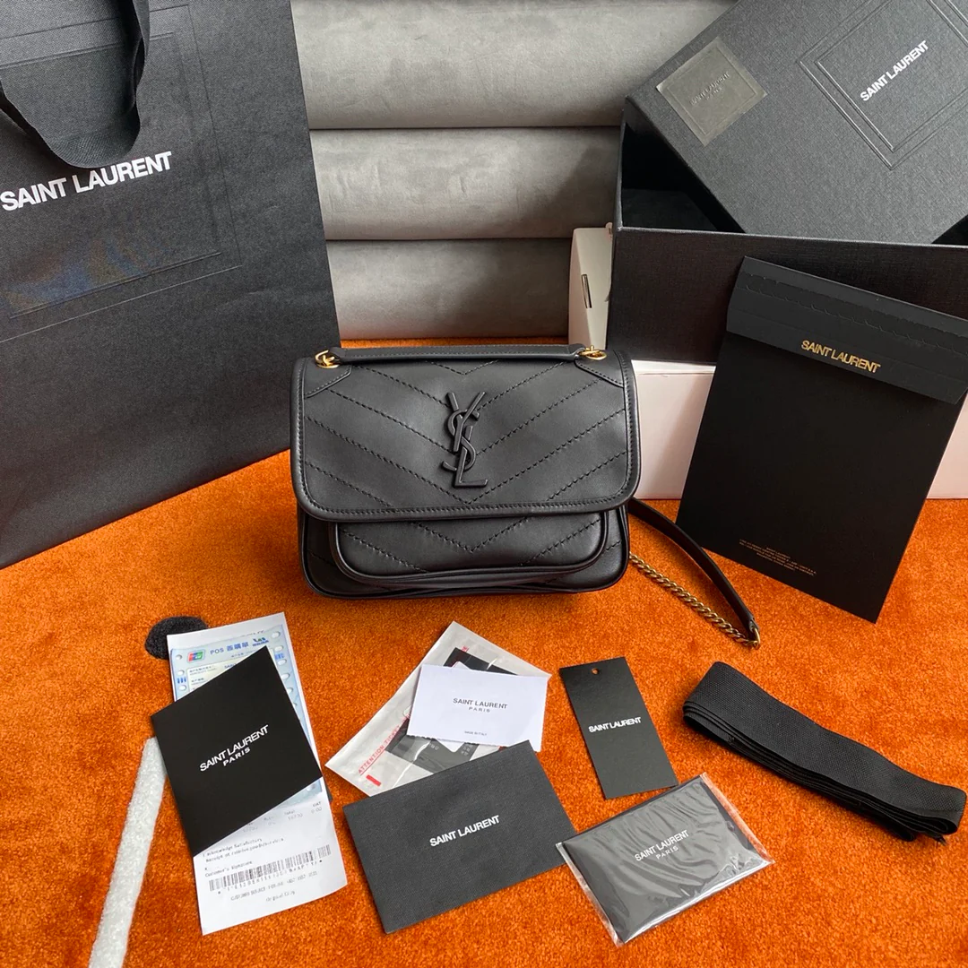 Сумка-мессенджер YSL Niki, черная, из овечьей кожи, 22 см.