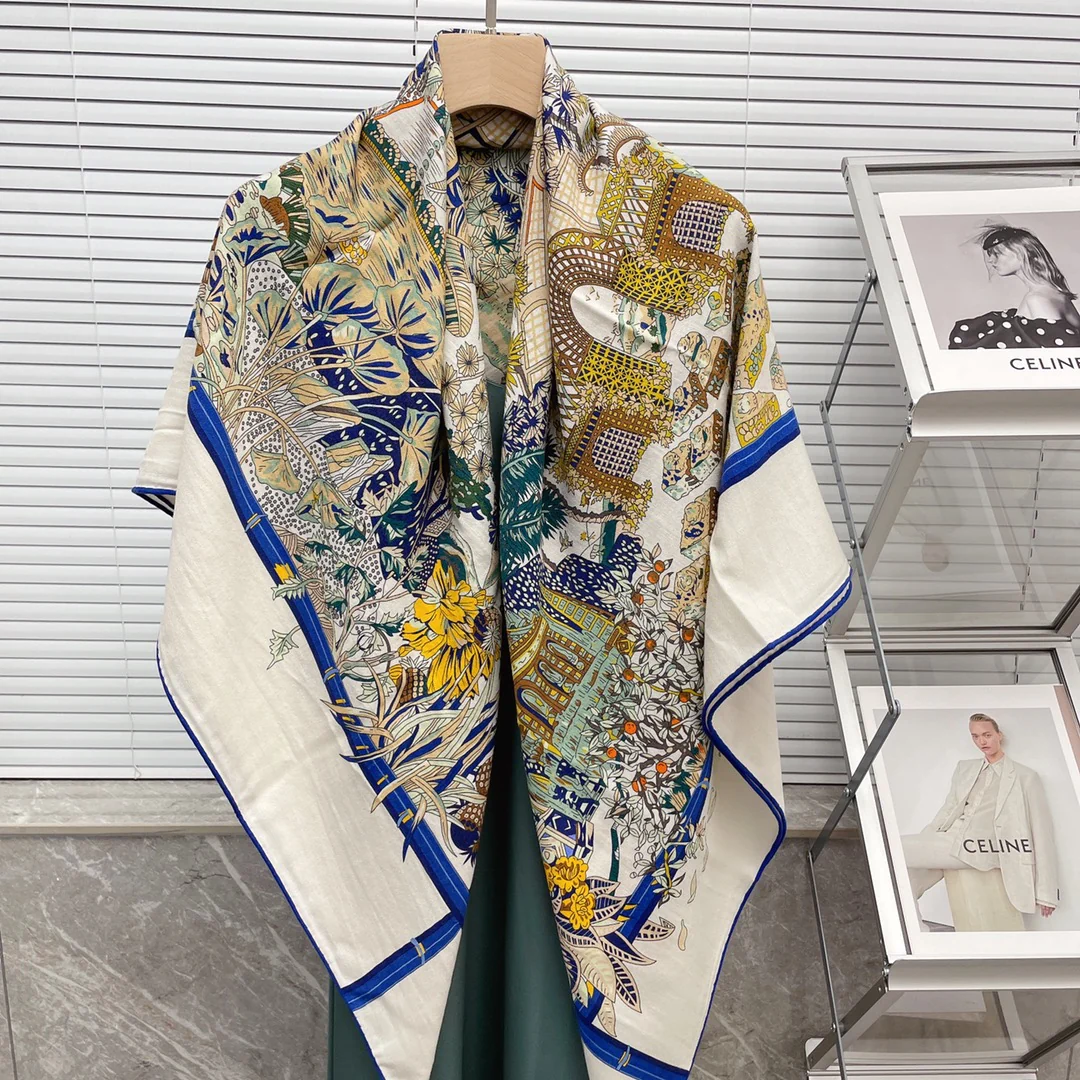 Большой двусторонний шарф Hermes - 136 см - 30 - Шелк 70 - Шерсть - 8