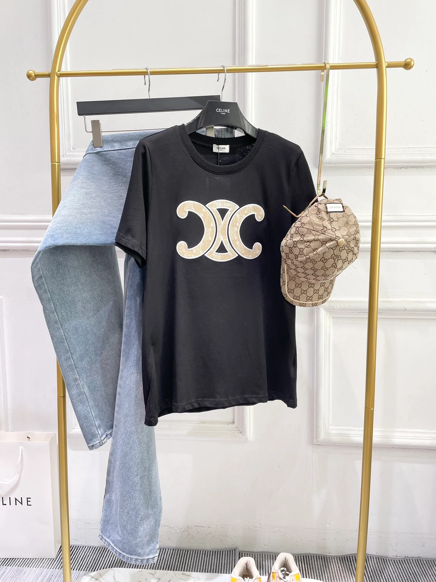 Джинсовая блузка Celine 2404 Jacquard Arc de Triomphe с коротким рукавом - черная