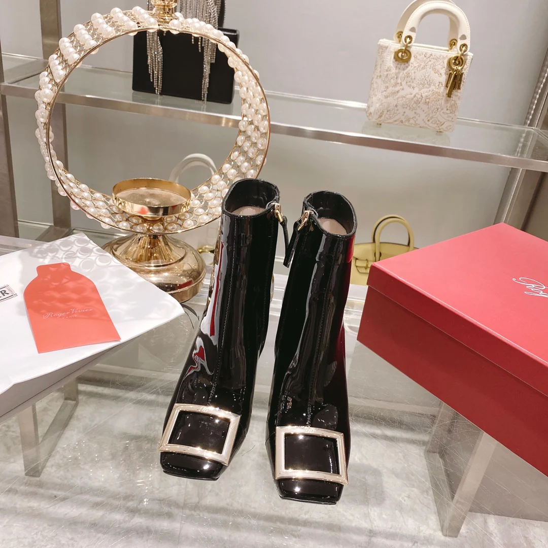 Обувь RV - Новинка осени 2022 - Металлизированные ботильоны с квадратным носком - Лакированная кожа, черные