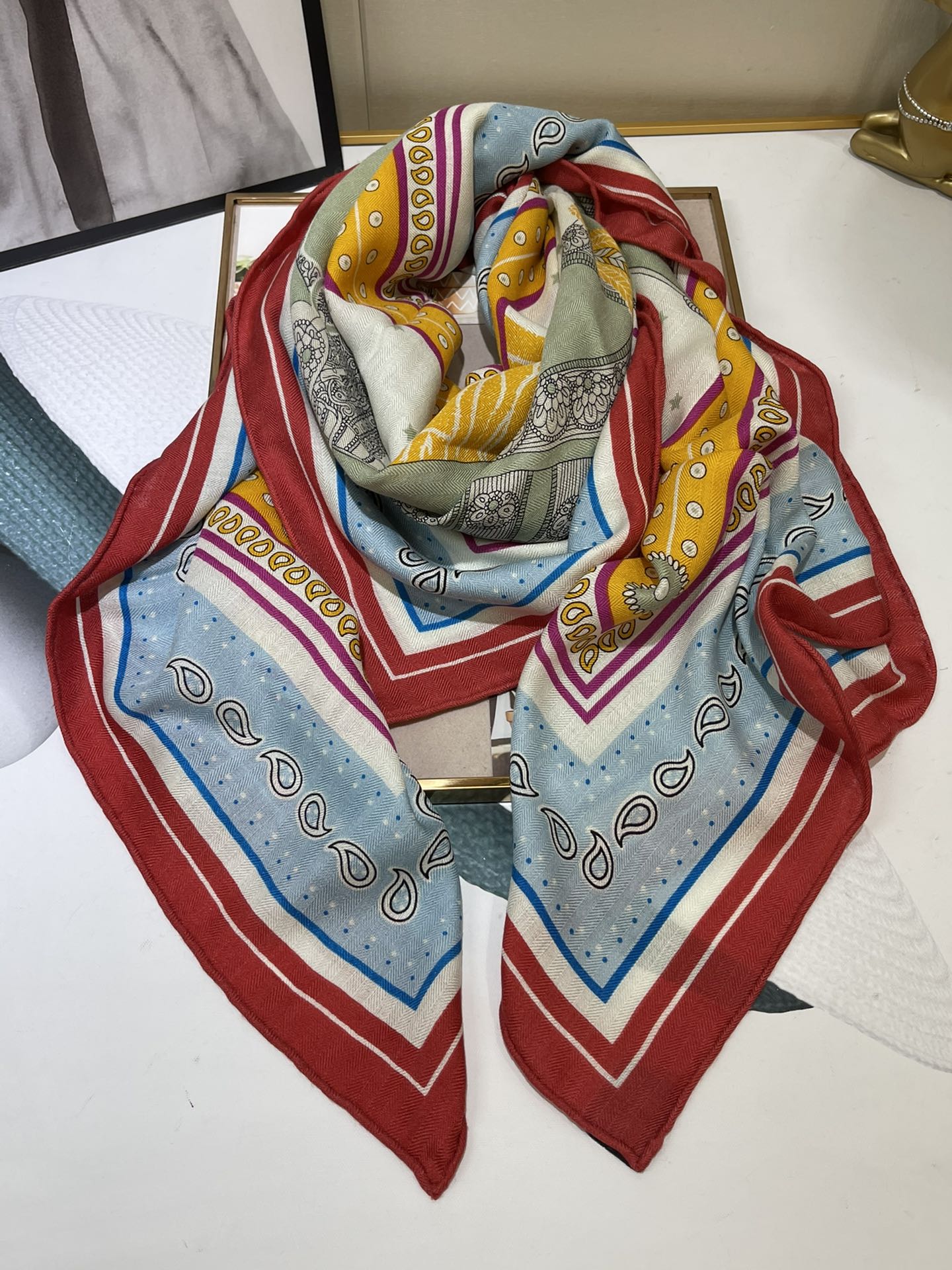 Бархатный шарф Hermes - 140 см - 30 - Шелк 70 - Шерсть