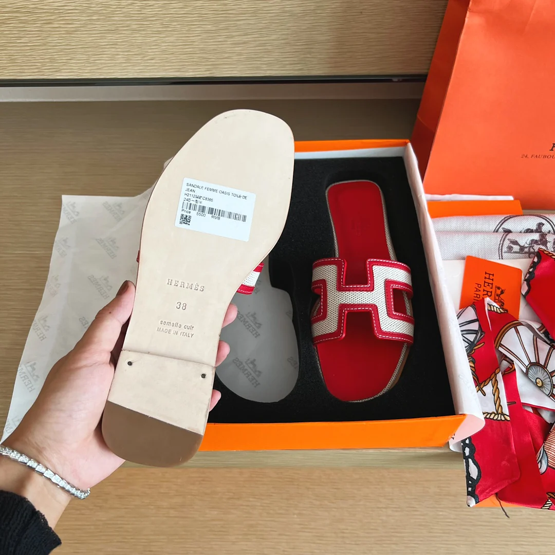 Классические домашние тапочки Hermes с буквой H - верх из парусины и кожи - красные