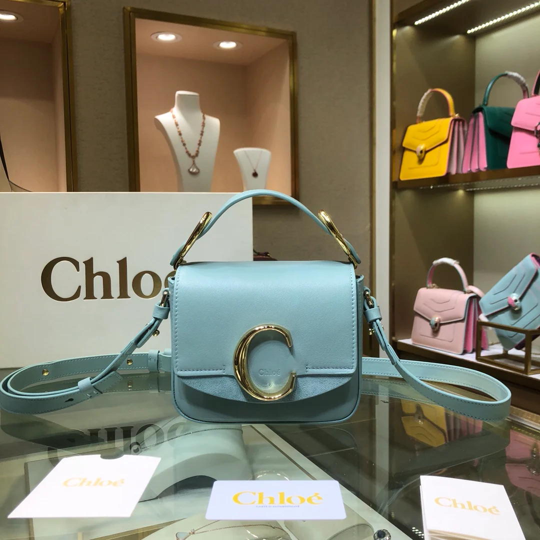 Сумка Chloe C-bag - гладкая телячья кожа и замшевая отделка - нежно-голубой цвет