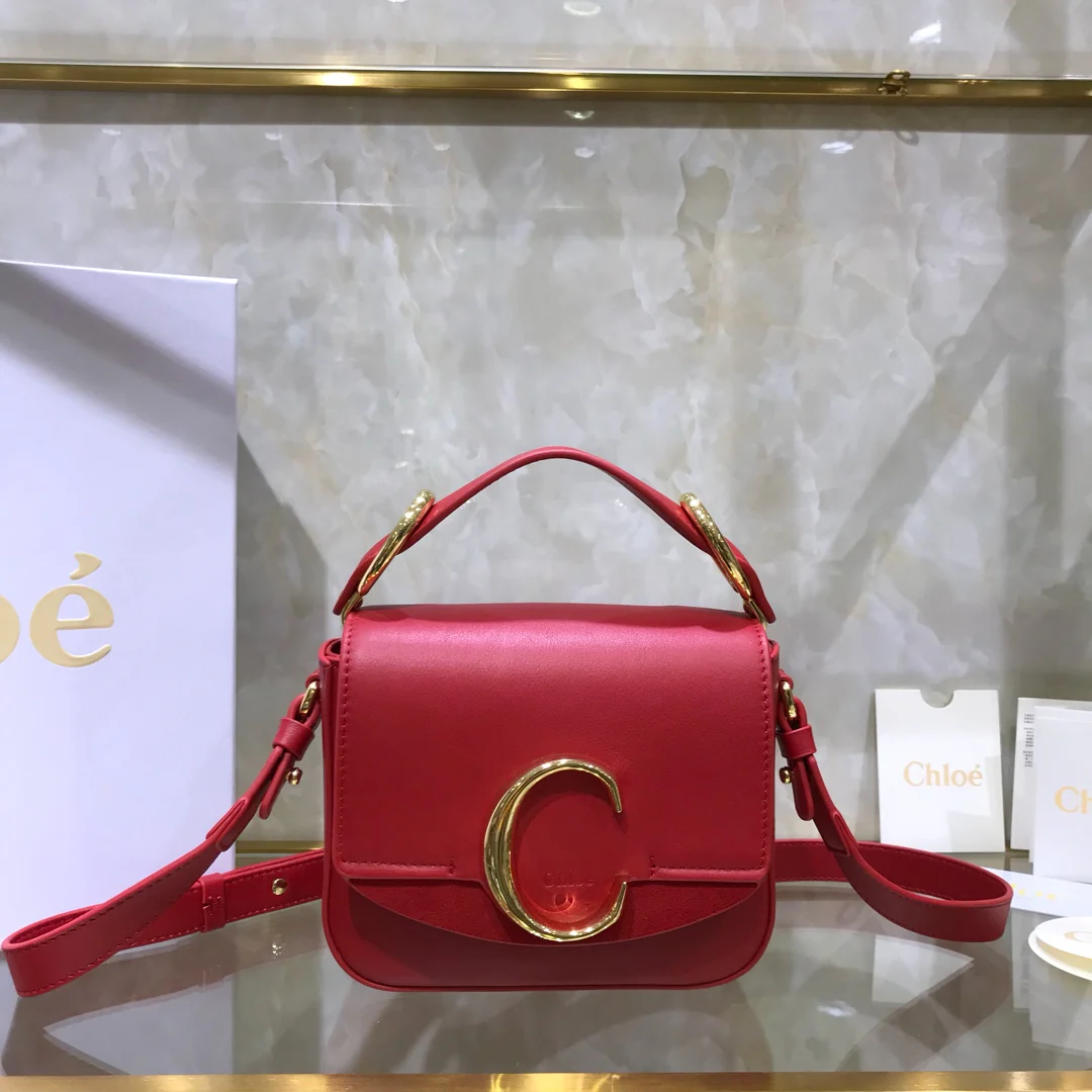 Сумка Chloe C-bag - сочетание гладкой телячьей кожи и замши - красная