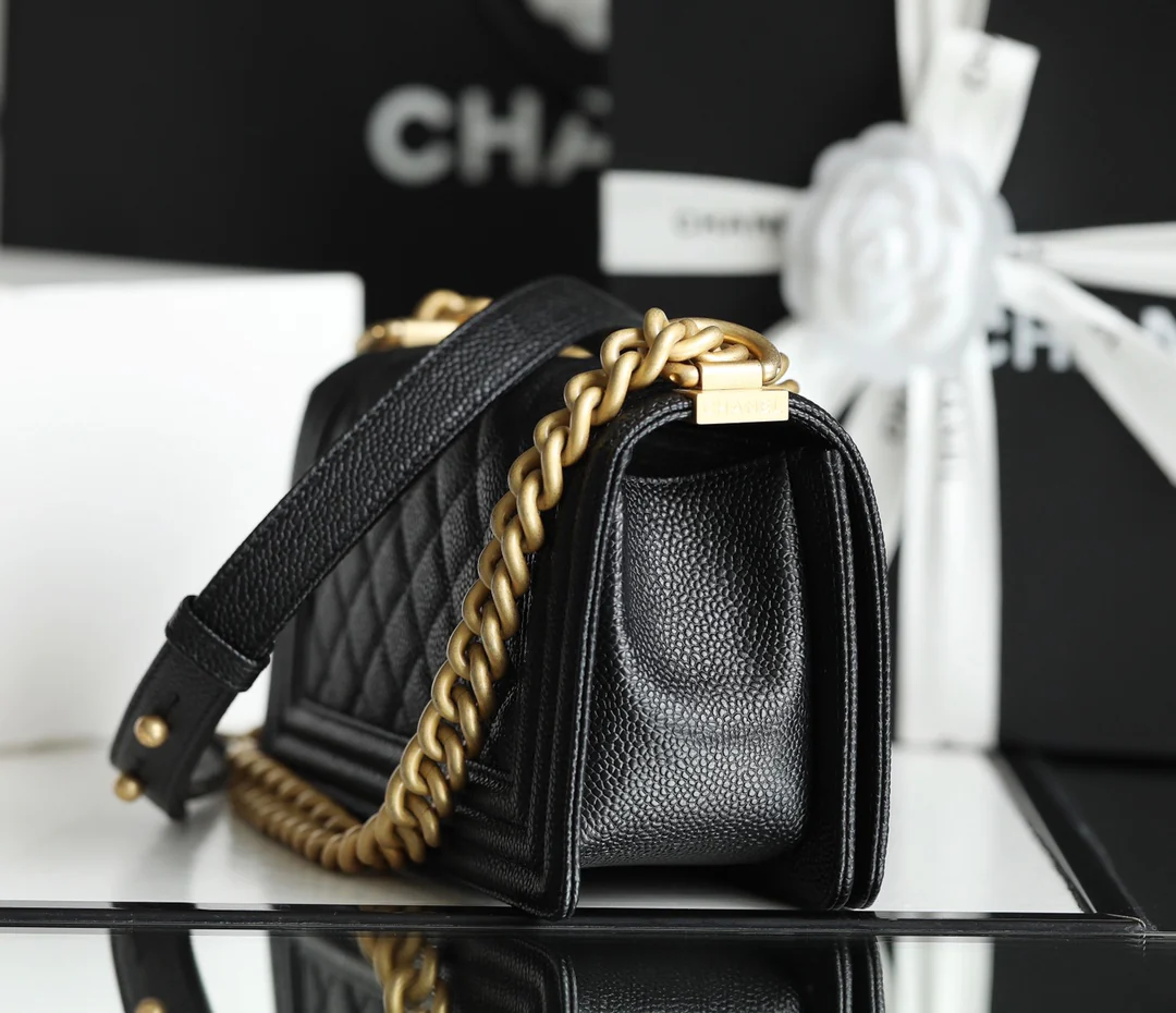 Chanel Le Boy Crystal Diamond Pattern Caviar - Medium - Black Gold