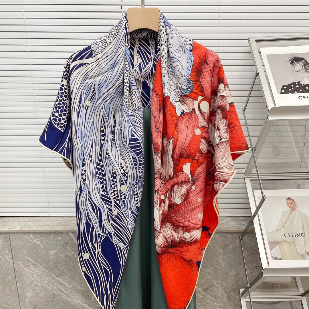 Большой двусторонний шарф Hermes - 136 см - 30 - Шелк 70 - Шерсть - 9