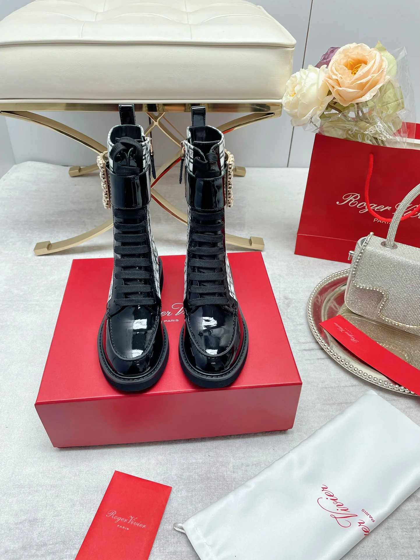 Обувь RV - Новинки весны/лета 2022 - Ботинки до середины икры - Белый клетчатый узор