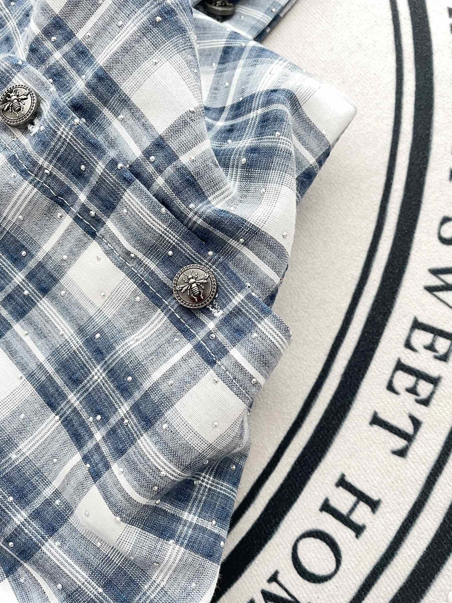 Miu Miu - 2404 - Классическая клетчатая рубашка, украшенная стразами - Синяя