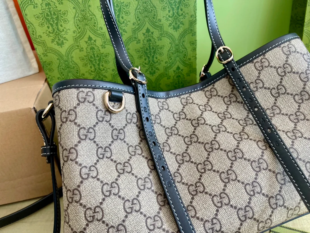 Маленькая сумка-тоут Gucci 2025 с отделкой из черной кожи - коричневая