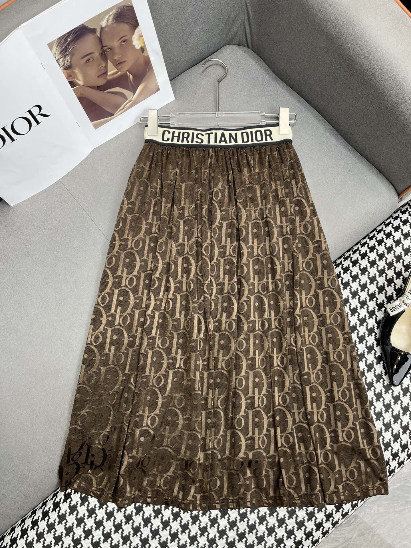 Летняя новая юбка-миди Dior 2403-24ss из сетки с монограммой - Кофейный цвет
