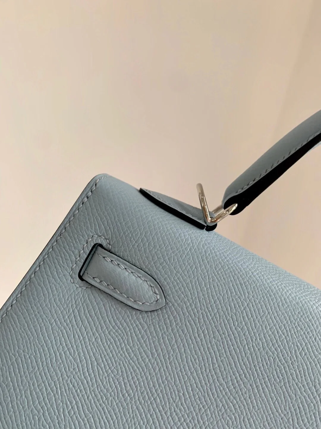Hermes Kelly 25 Epsom T0 Haze Blue Silver Button