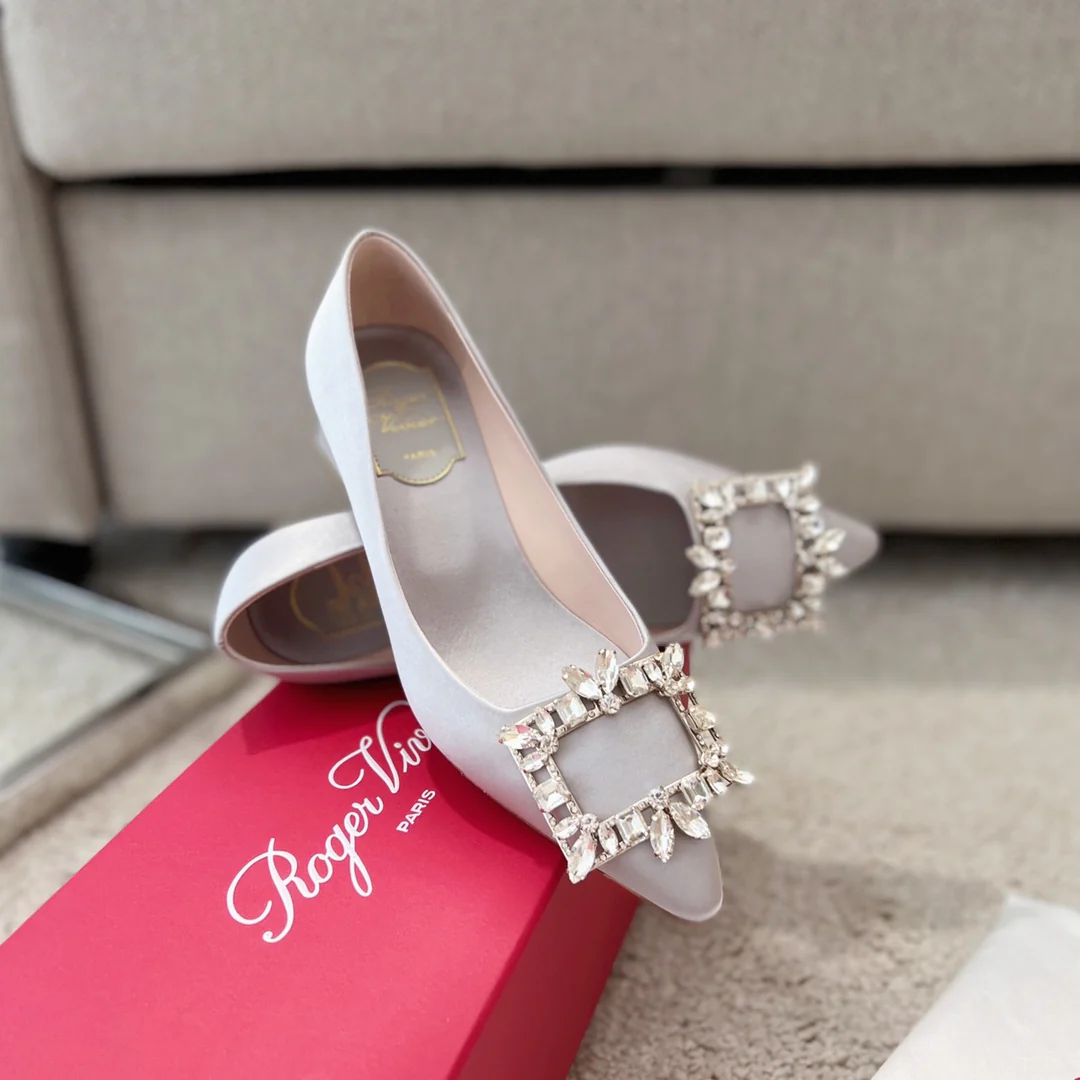 Туфли RV - Версальская пряжка с бриллиантами - низкий блочный каблук - серые