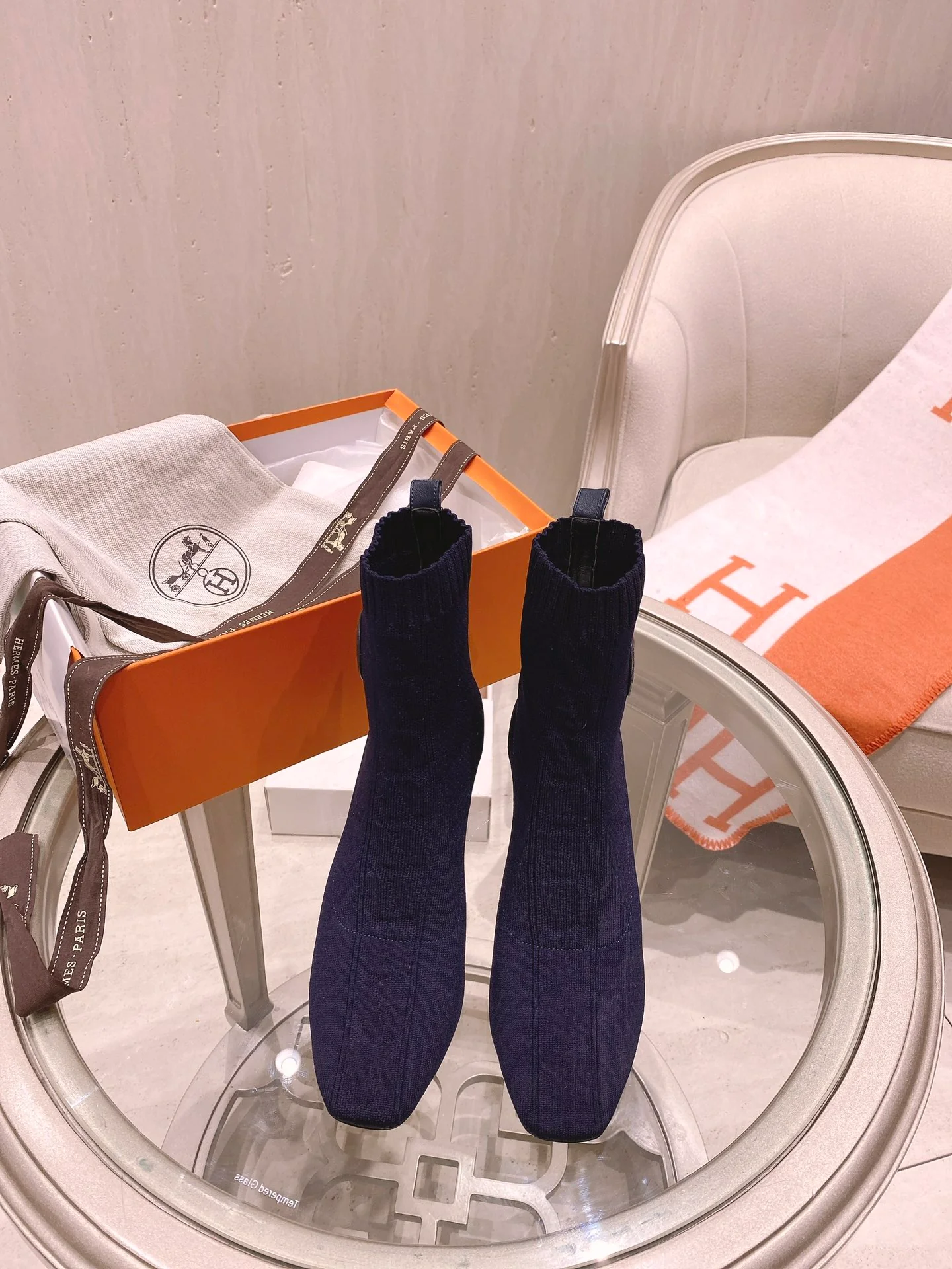 Ботинки-носки Hermes на толстом каблуке - темно-синие