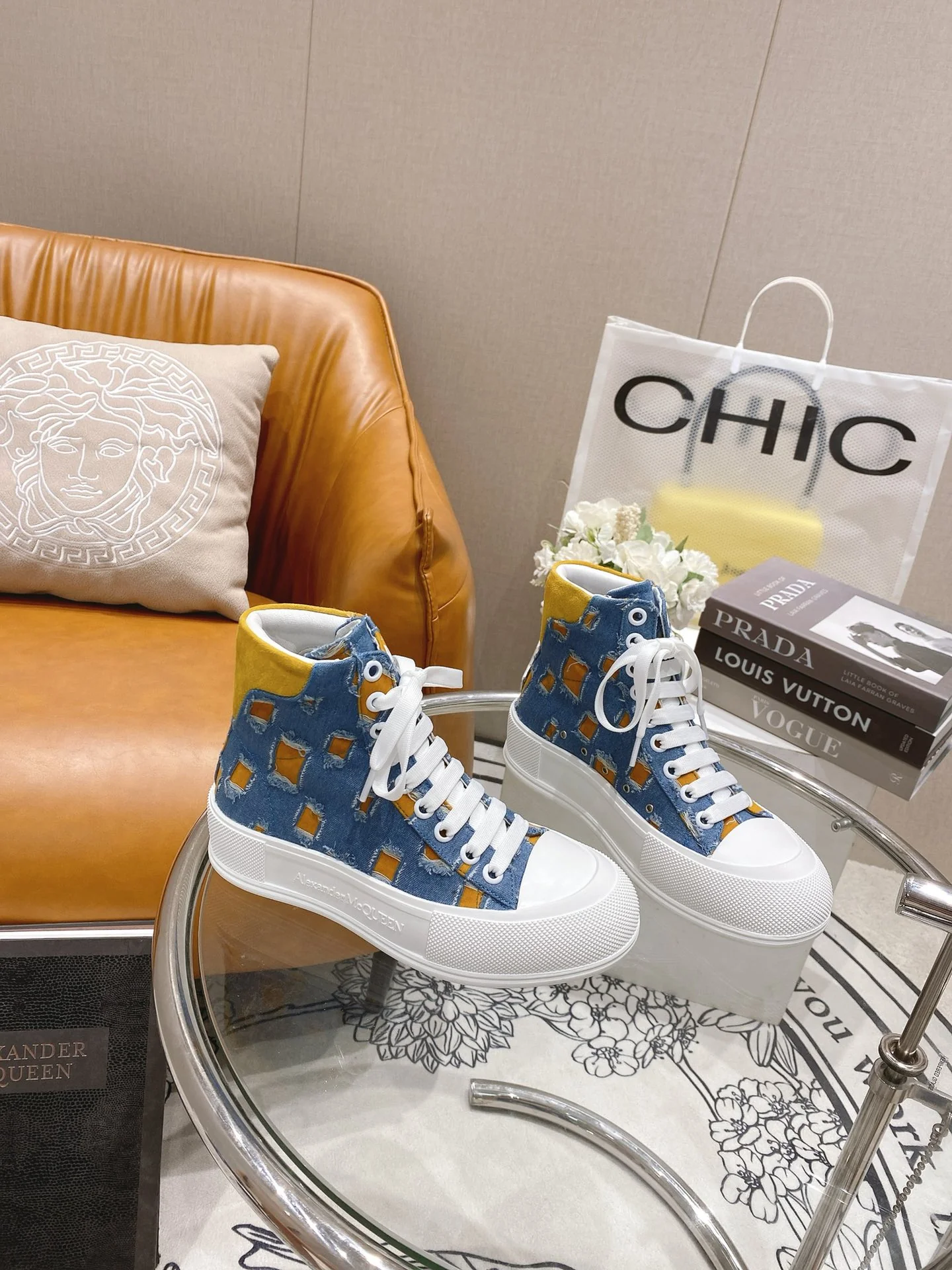 Кроссовки на платформе McQueen из парусины - джинсовый лоскутный дизайн - парный стиль