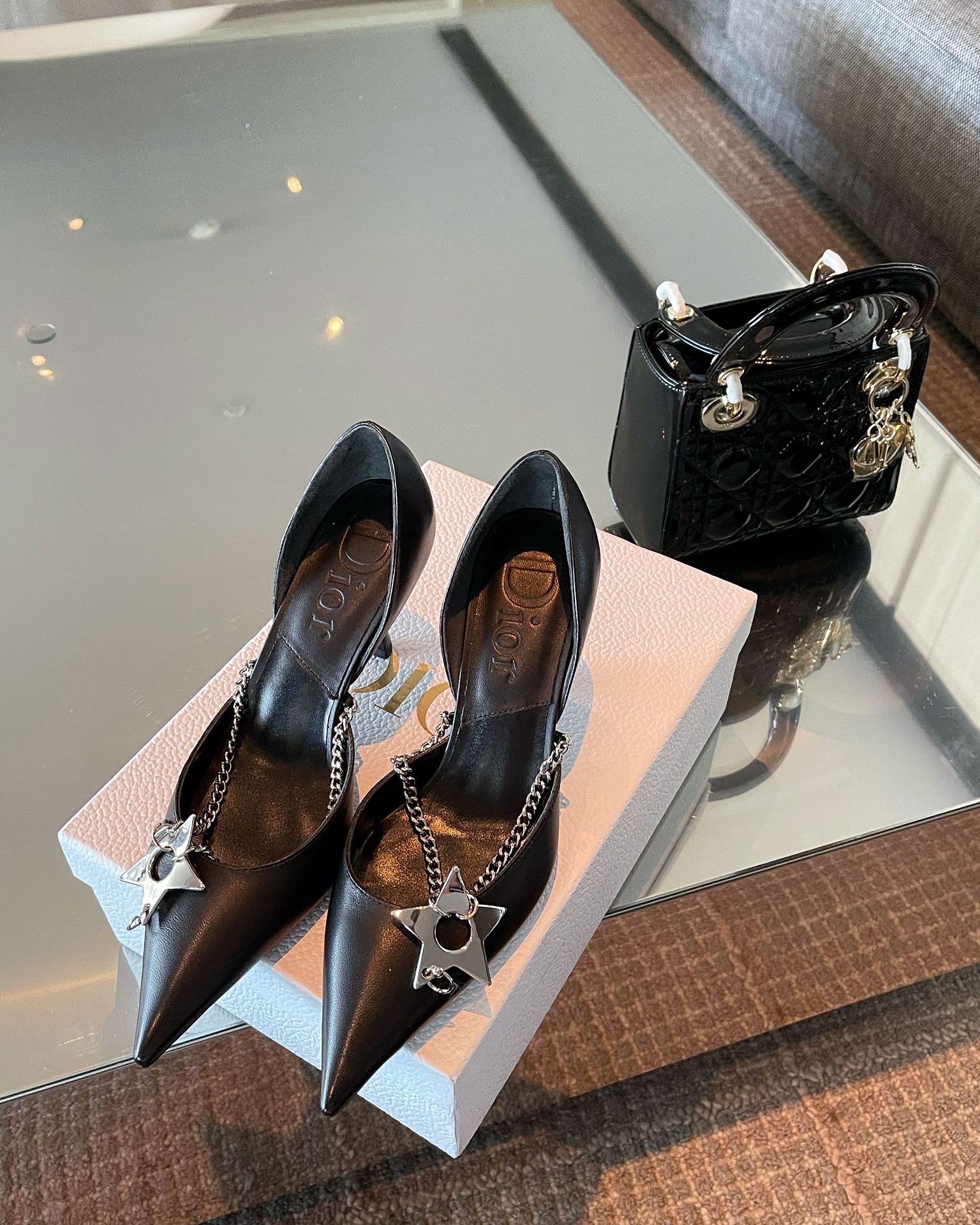 Туфли на высоком каблуке Dior Star с серебряной цепочкой - черные - 8-5 см