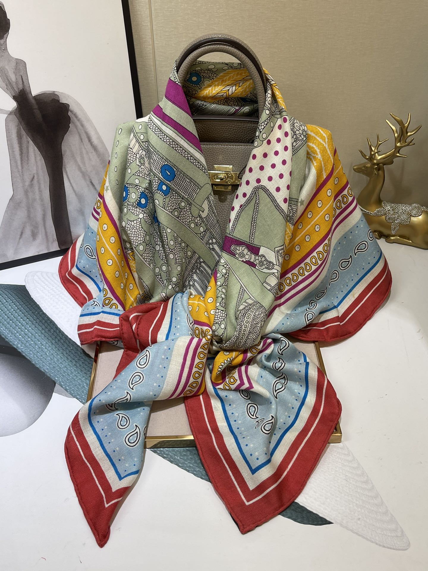 Бархатный шарф Hermes - 140 см - 30 - Шелк 70 - Шерсть