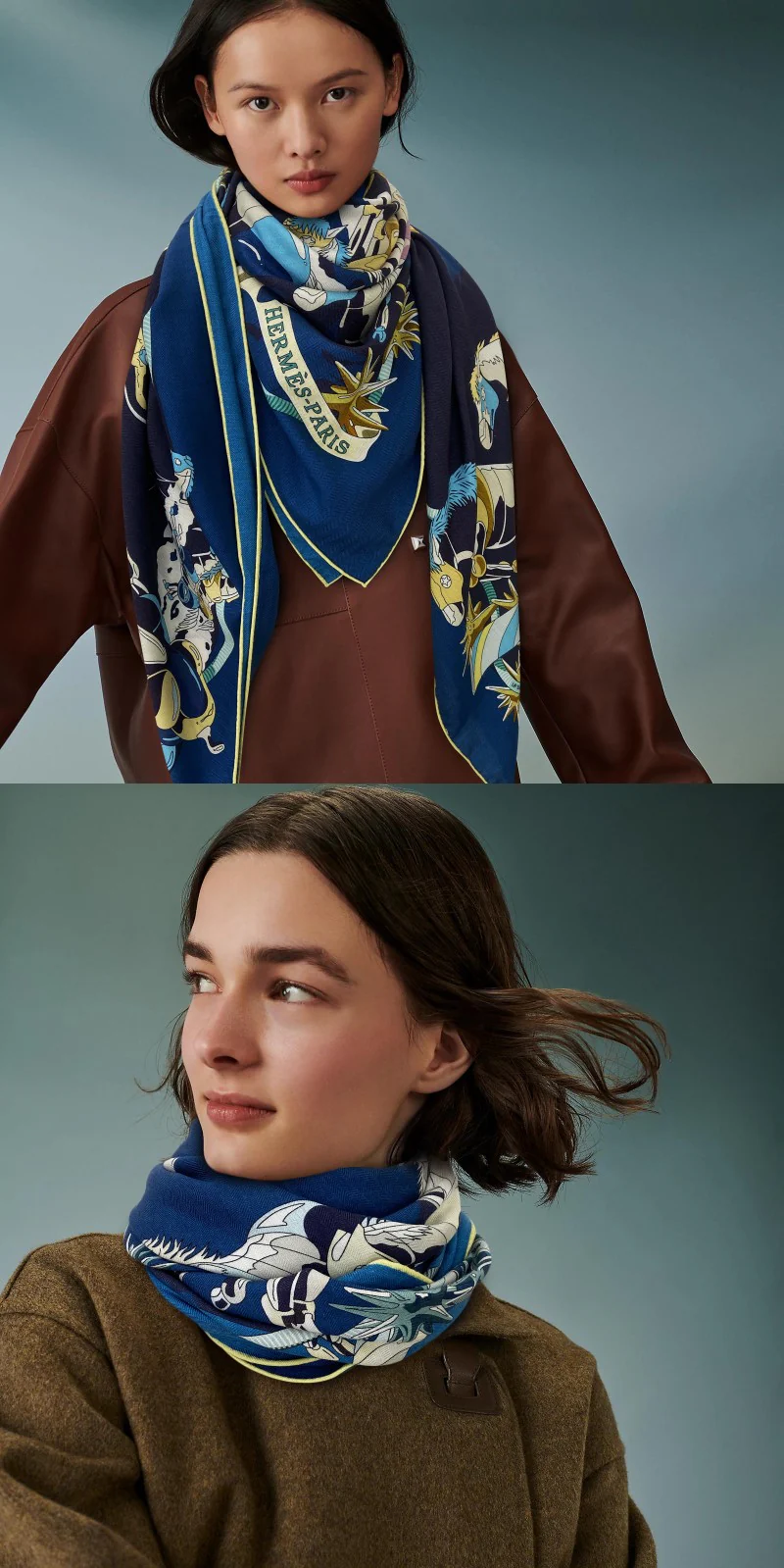 Квадратный шарф Hermes Mustang - 140 см - 70% кашемир - 30% шелк - синий