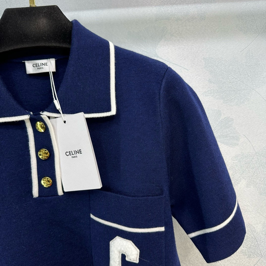 Новая трикотажная футболка-поло Celine с коротким рукавом, коллекция весна/лето 2024.