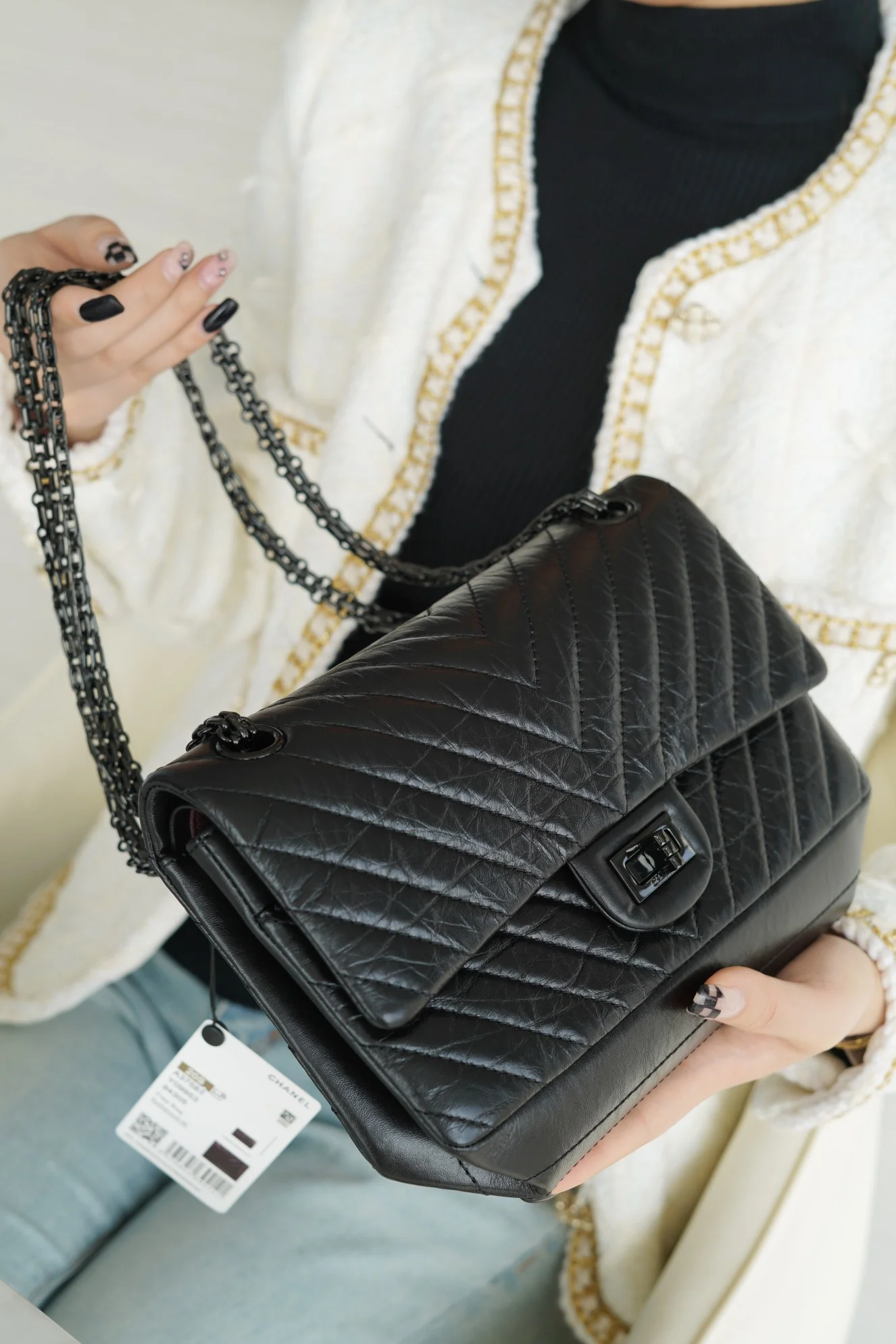 Chanel 2-55 - Черная застежка с V-образным узором - Кожа теленка, 24 см