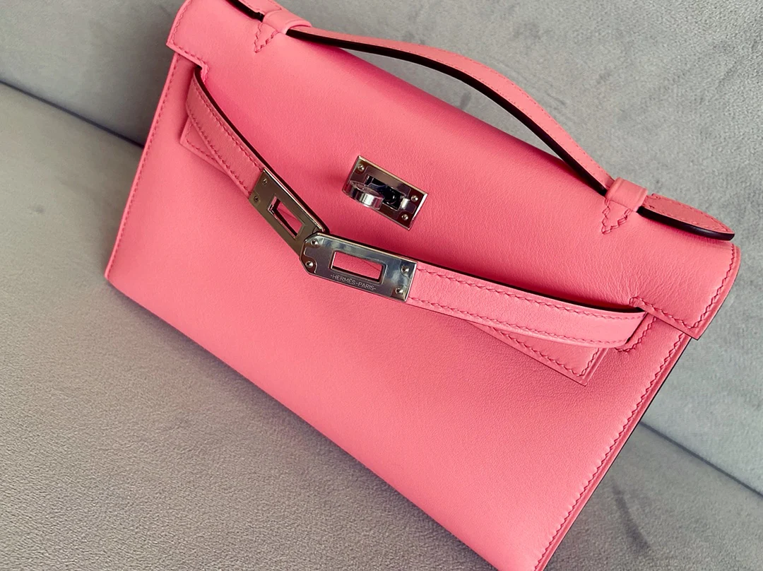 Мини-сумка Hermes Kelly 1-го поколения, 22 см, из быстрой кожи, модель K4, летняя роза, с серебряной пряжкой.