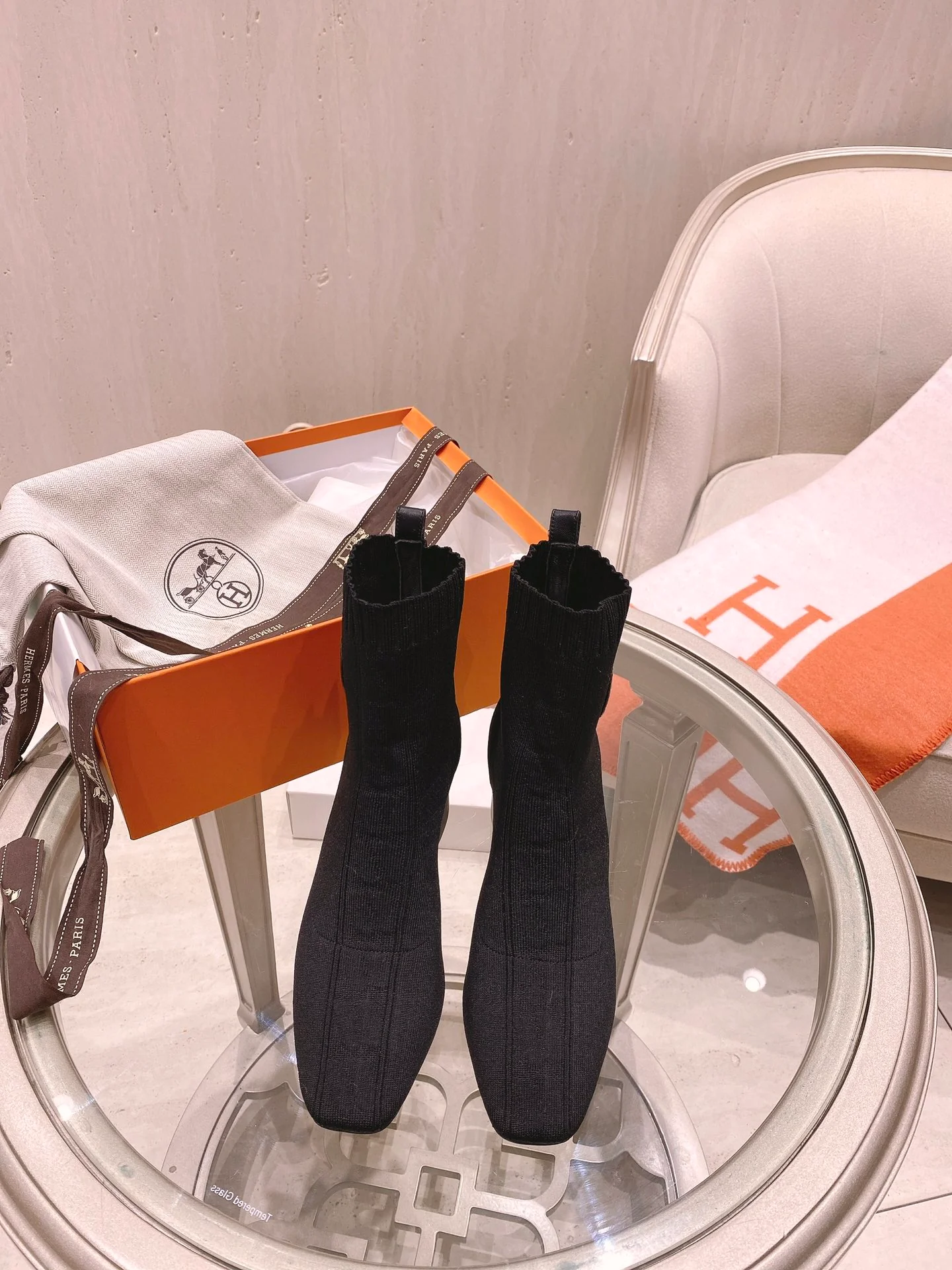 Ботинки-носки Hermes на толстом каблуке - черные