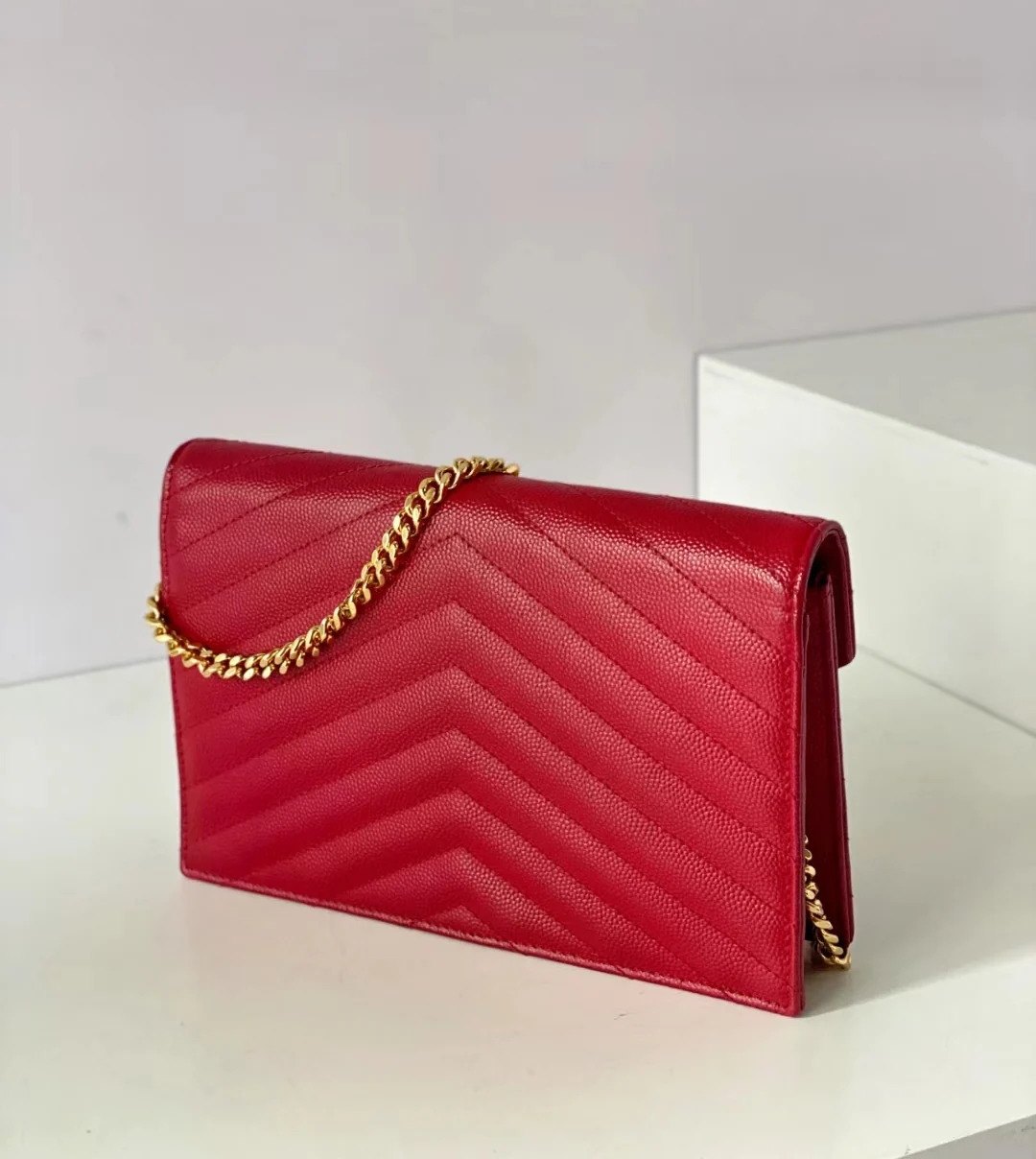 YSL Monogram Caviar WOC Red with Gold buckle 19cm