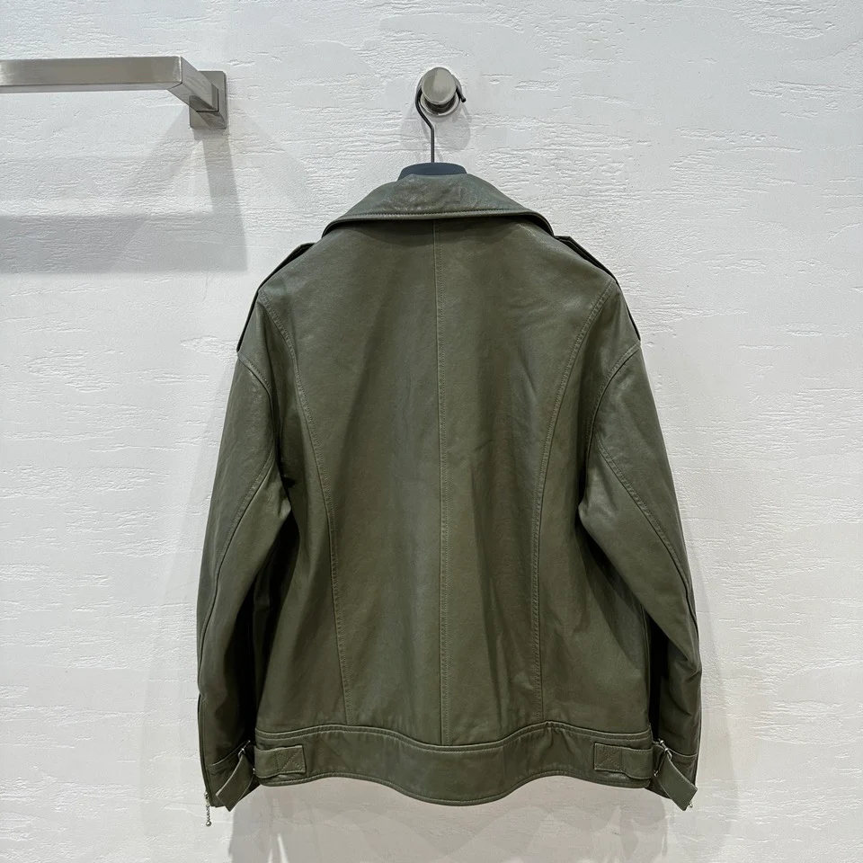 Balenciaga - 2403 - Новинка ранней весны - Стильная кожаная мотоциклетная куртка - Оливково-зеленый