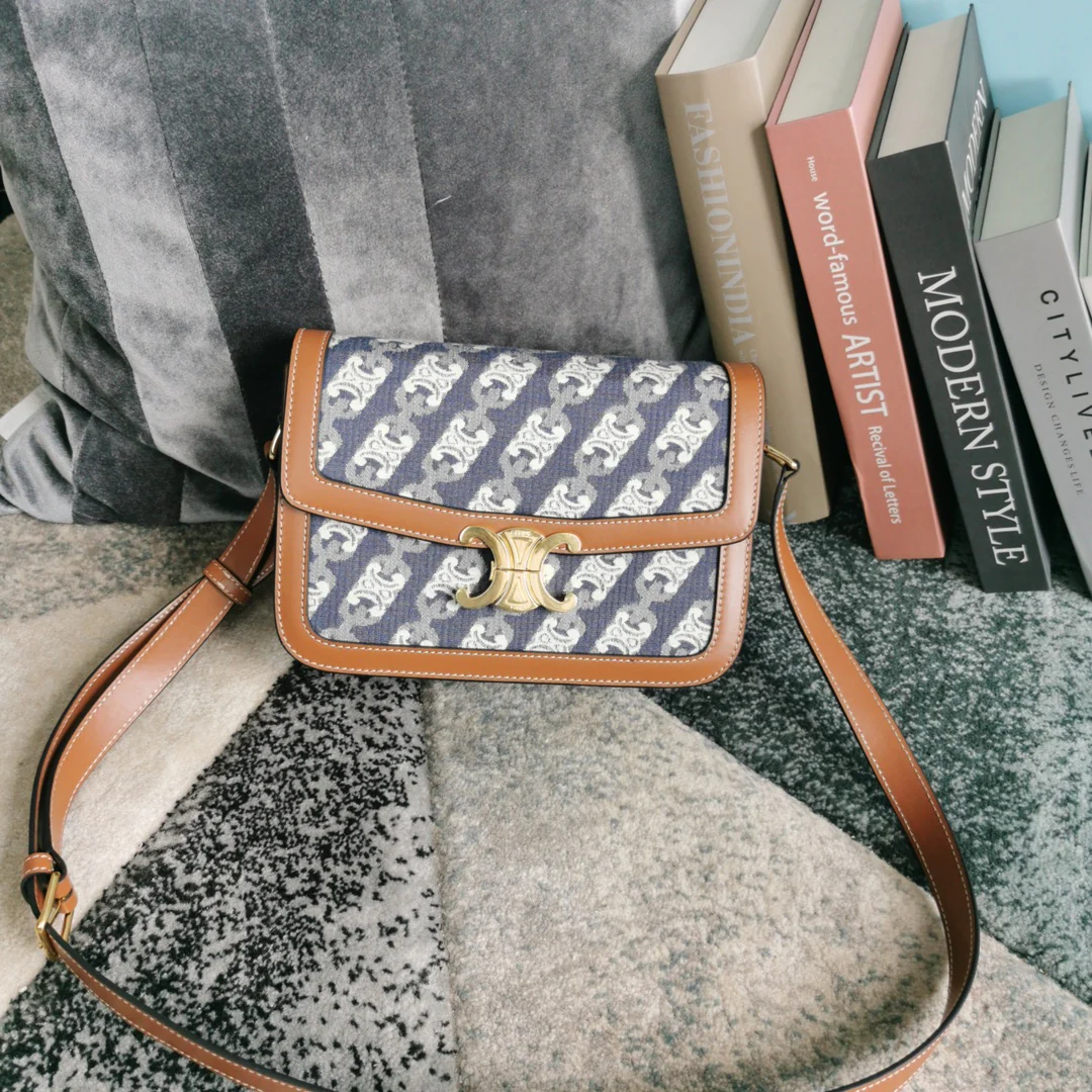 Сумка Celine Triomphe Classic из льна и белой кожи, темно-синяя, большой размер 22 см.