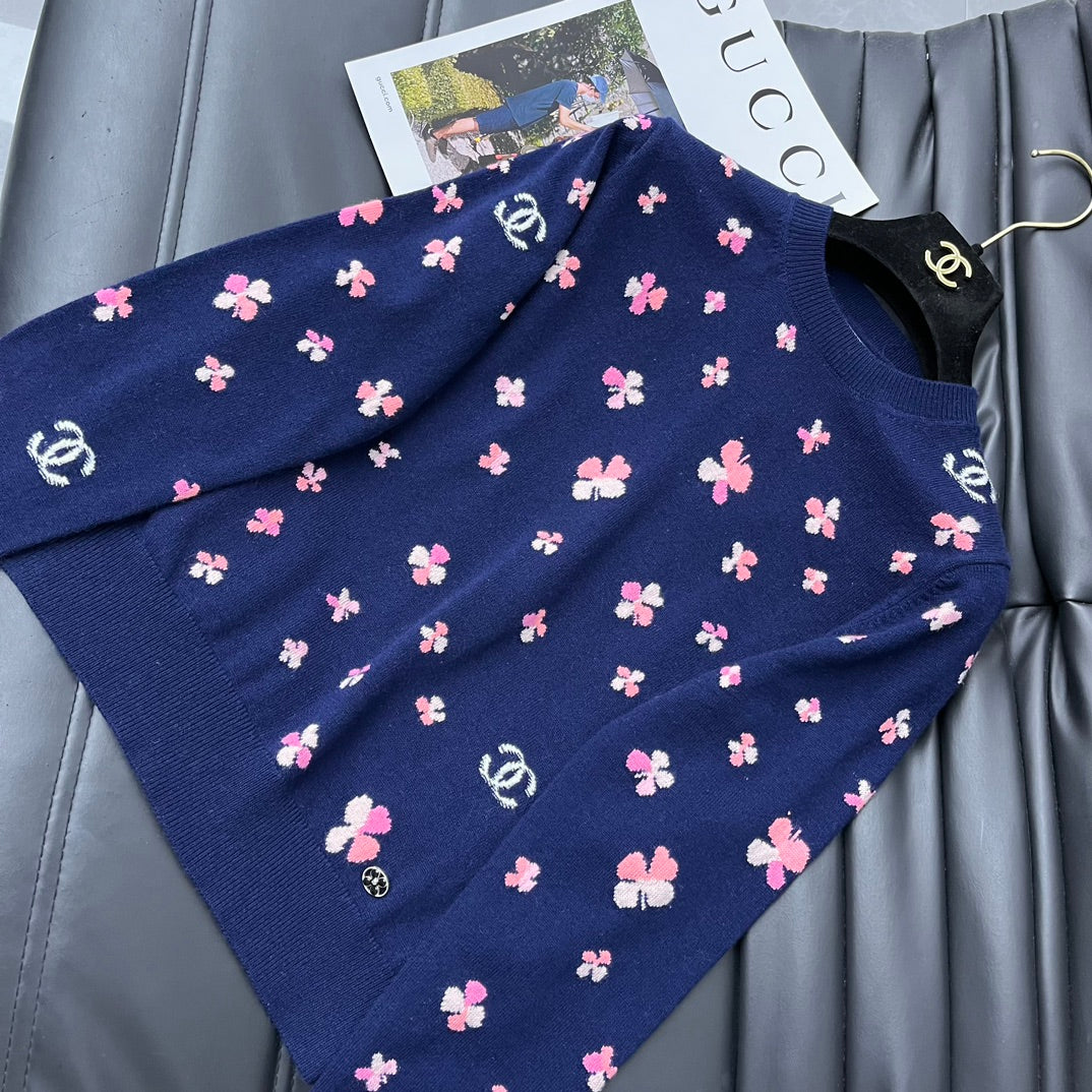 Кардиган Chanel 2403 из жаккардовой вязки с короткими рукавами - синий