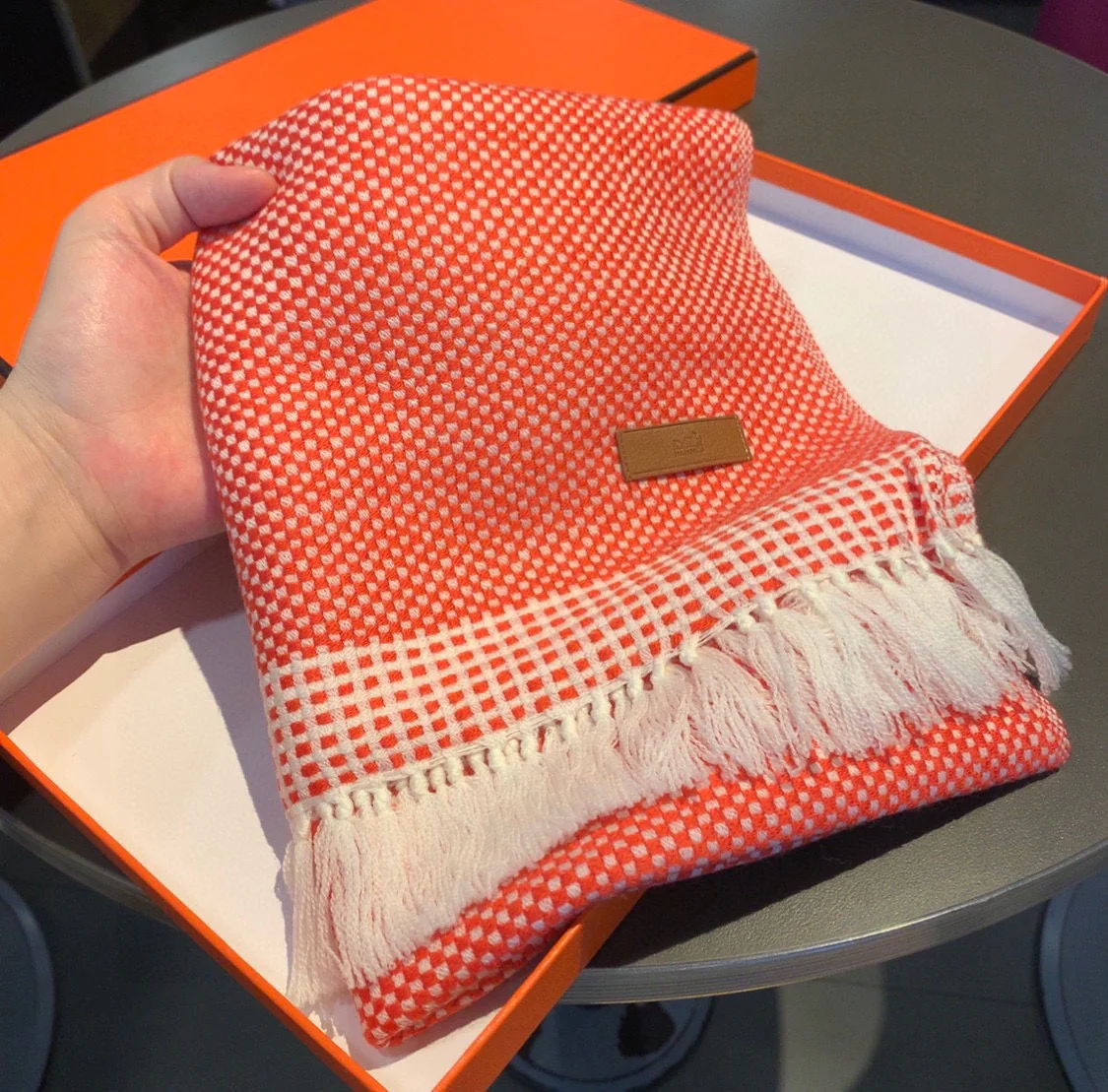 Вязаный кашемировый шарф Hermes ручной работы - 40 см - 195 см - оранжево-красный