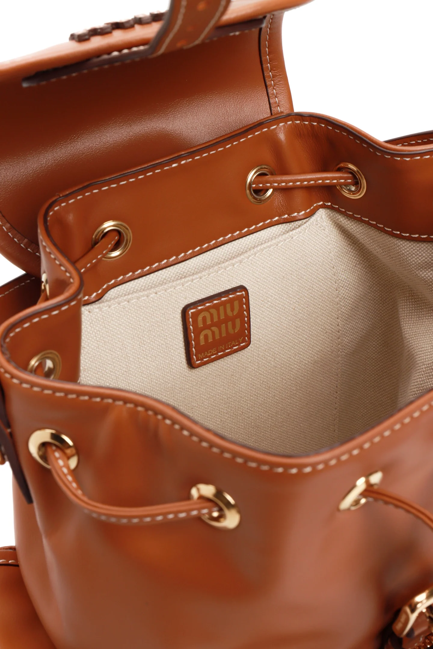 Рюкзак Miu Miu из канваса и кожи, маленький, коньячный.