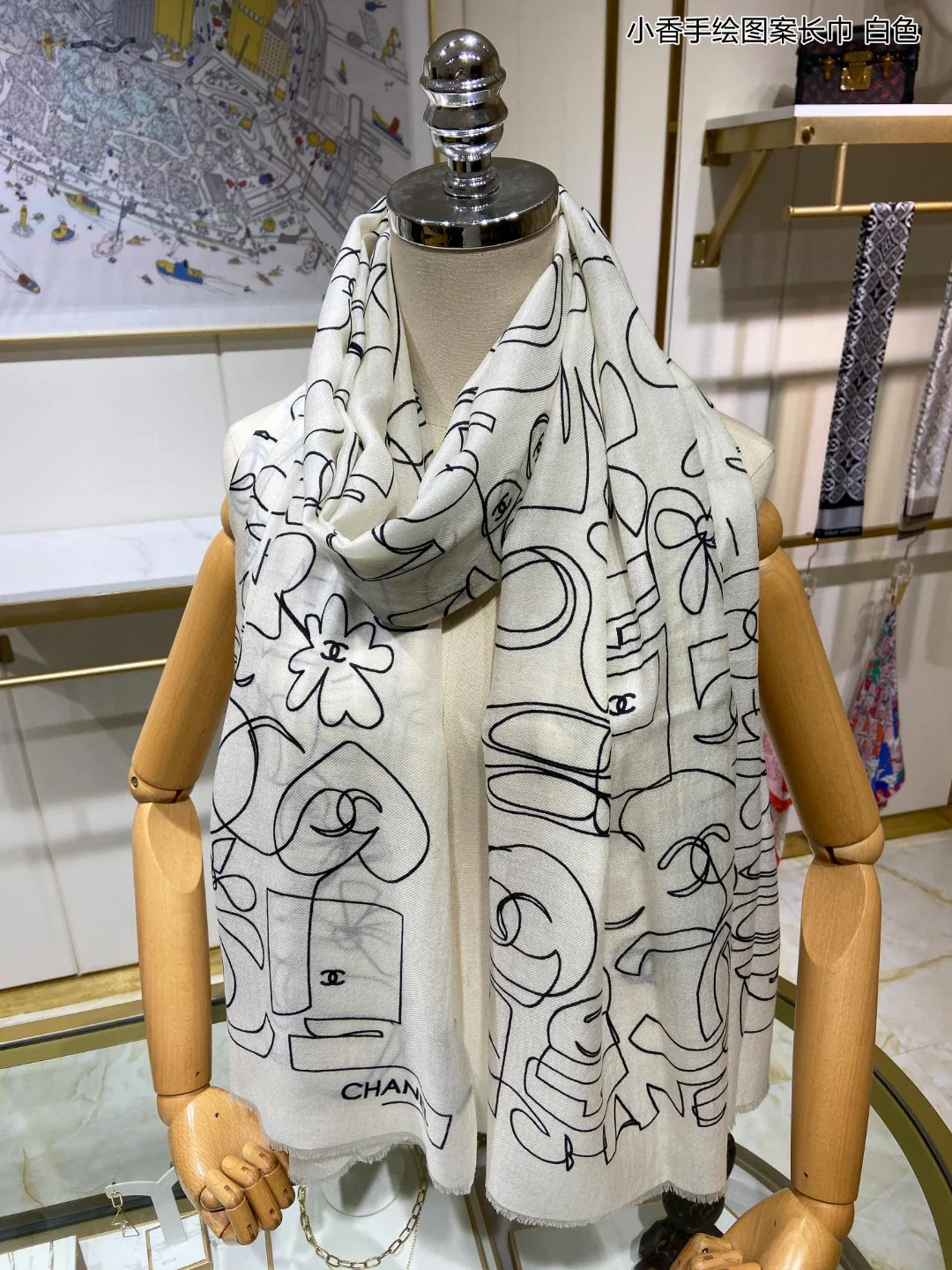 Длинный шарф Chanel с ручной росписью - 110-200 см - 100% кашемир - белый