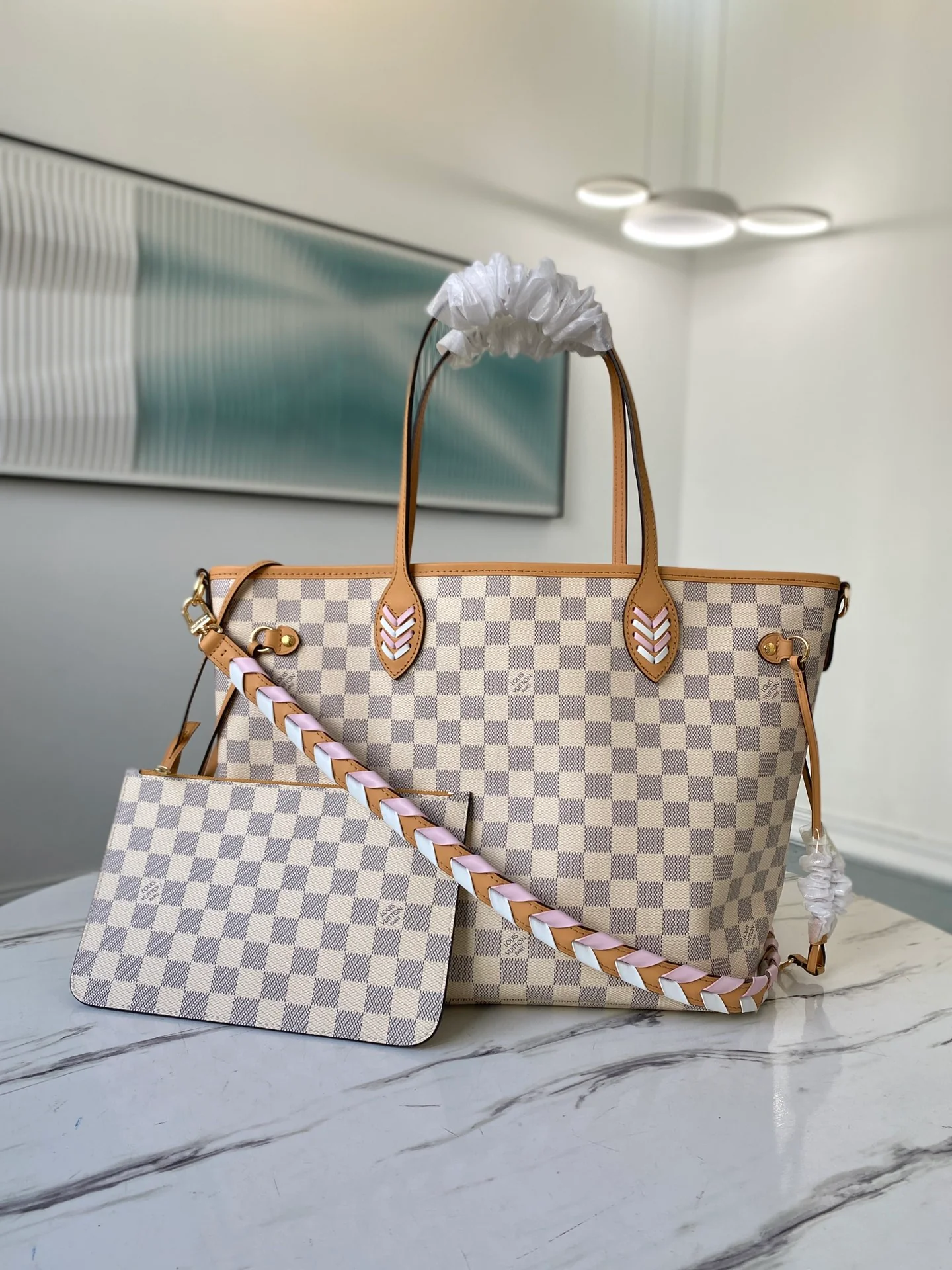 n50047-LV-Neverfull-Классическая сумка-белая в клетку