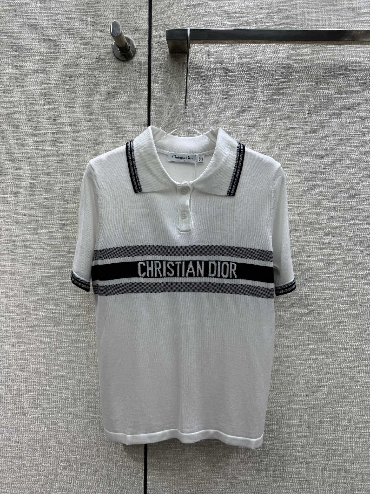 Dior 2403 Жаккардовые рукава с коротким рукавом и воротником-стойкой - Белый