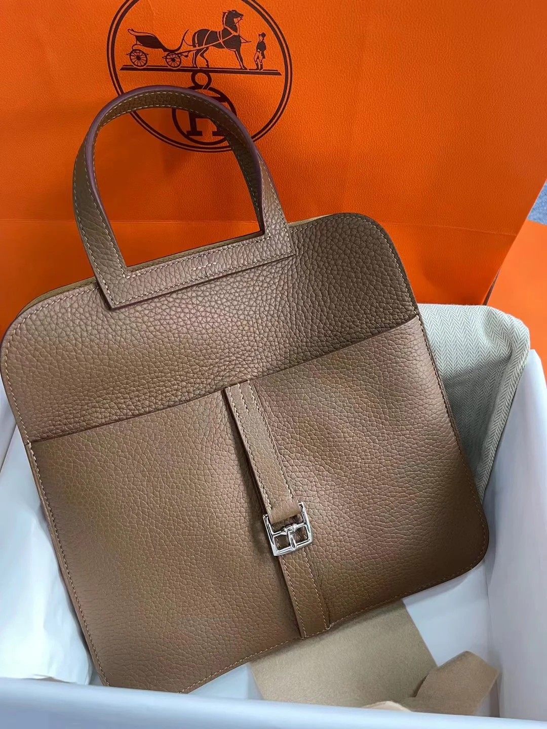 Hermes-halzan-25-каштаново-коричневый бисквитный цвет-серебряная пряжка