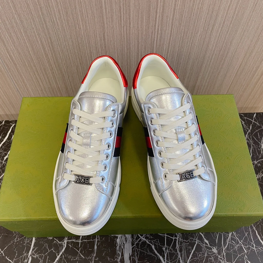 Классические кожаные кроссовки Gucci на плоской подошве - унисекс - серебристые